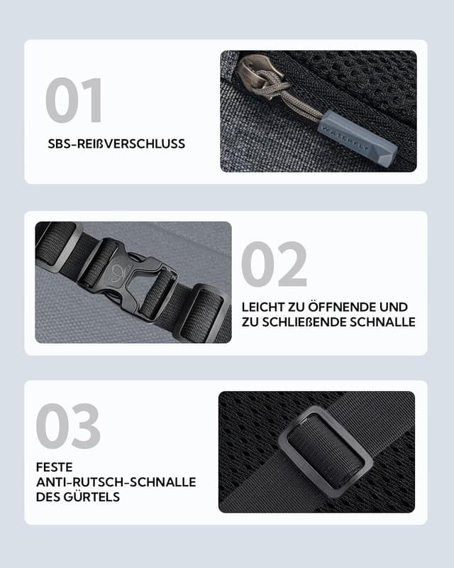 Detalle de WATERFLY Bauchtasche / Hüfttasche für Damen & Herren – kleine Gürteltasche Sport, dunkelgrau, mit Verlängerungsgurt