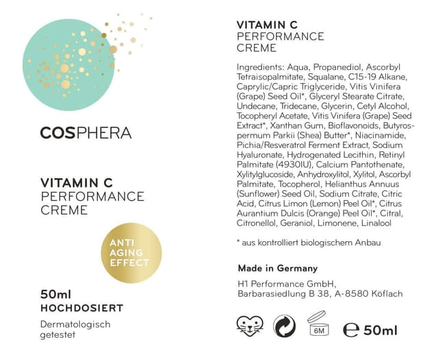 Detalle de Cosphera Vitamin C Performance Creme 50 ml mit Hyaluronsäure – vegane Tages- und Nachtcreme