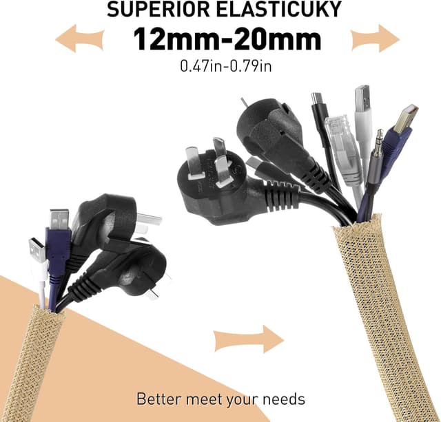 Detalle de AGPTEK 3 m Kabelschlauch (12–20 mm), selbstschließend – flexibler Kabelmantel für Kabelmanagement am Schreibtisch