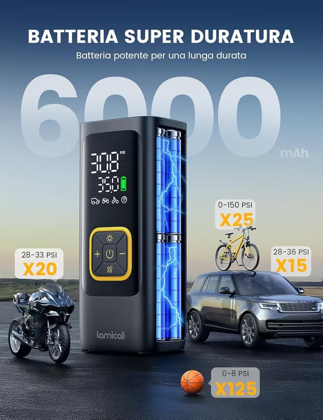 Detalle 2 de Lamicall Pompa Elettrica per Bicicletta con Compressore Portatile 150 PSI, spegnimento automatico e luce LED
