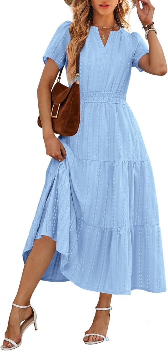 Detalle de RUMIA Women Casual Midi/Maxi Dress with V Neck, Elastic Waist, and Pockets (S–2XL)