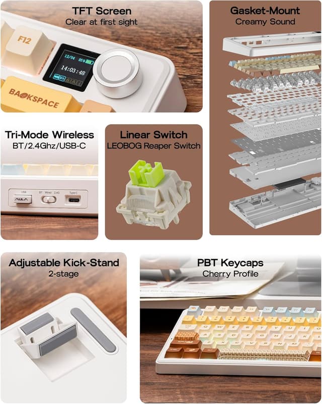 Detalle de EPOMAKER X Aula F75 Max : clavier mécanique sans fil 75% QWERTY avec écran TFT et RVB, switches Caramel/Reaper