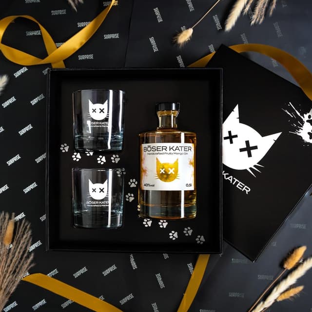 Detalle de BÖSER KATER Fruity Mango Gin Geschenkset (0,5 l, 40% Vol.) mit 2 Gläsern