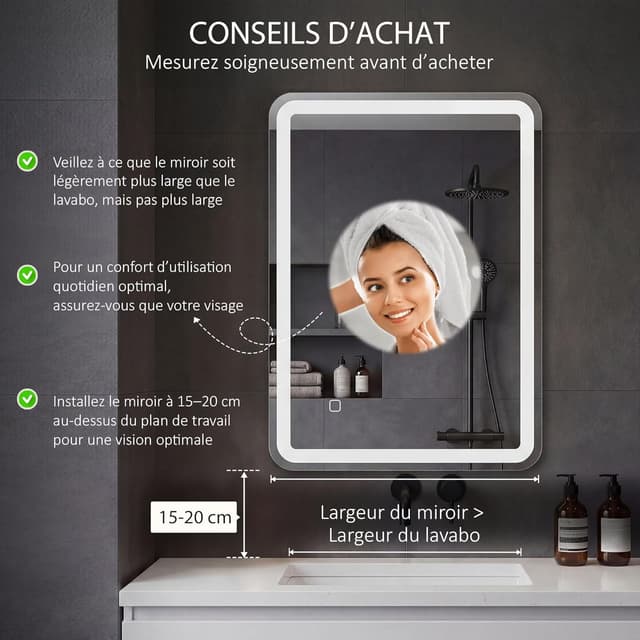 Detalle de HOMCOM Miroir de salle de bain LED 50 x 70 cm avec éclairage 3 couleurs, dimmable et anti-buée (IP44)