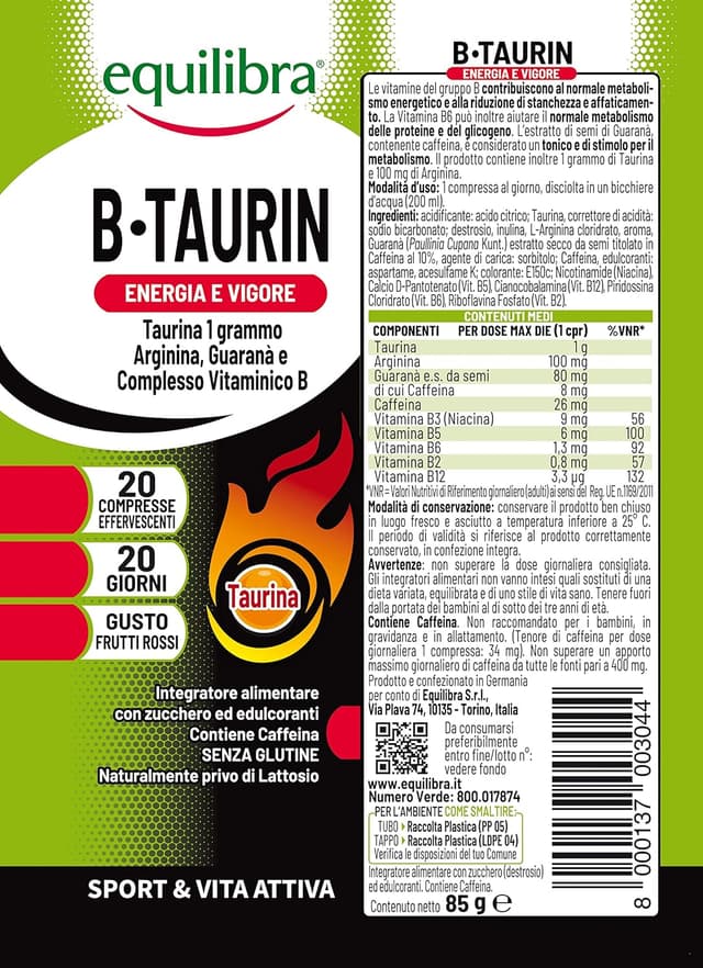 Detalle de Equilibra B-Taurin: integratore effervescente con taurina, arginina, guaranà e vitamine del gruppo B (3 confezioni da 20 compresse)