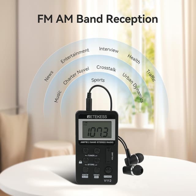 Detalle de Retekess V112 miniradio portatile ricaricabile con cuffie (AM/FM, Nero)