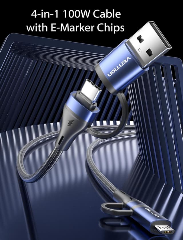 Detalle 2 de Vention Nylon Braided 4‑in‑1 USB A/C to Micro USB Cable (2m, up to 100W) for iPhone 15 Pro, MacBook Pro, iPad, Kindle, Xbox, Pixel & Switch