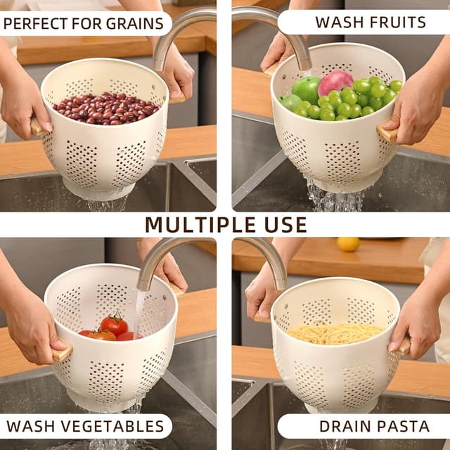 Detalle 2 de Cream Metal Colander With Wood Handle and Stable Base, 5.5 Quart Powder Coated Steel Kitchen Strainer