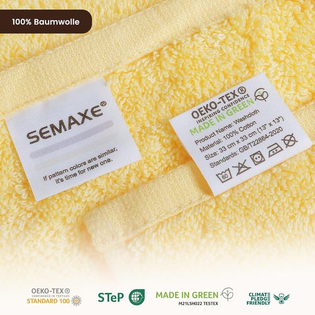 Detalle de SEMAXE 100% Cotton Washcloths 12-Pack (13 × 13 Inch) Soft Yellow Face Towels