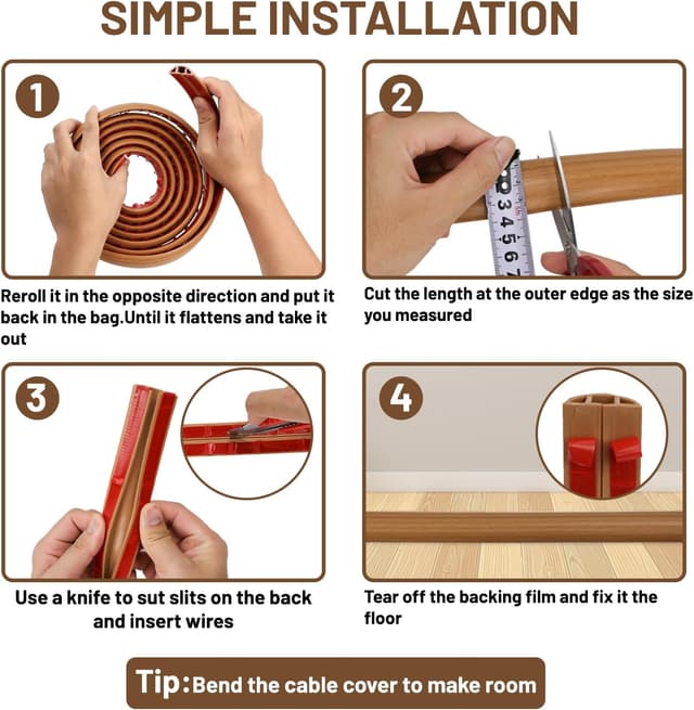 Detalle de DIKARIYA Kabelkanal Holzoptik, selbstklebend, flexible Boden-Kabelbrücke (3 cm x 1 m), braun