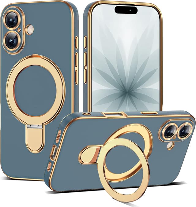 Detalle de ETPESOK iPhone 17 Case (6.3") with Magnetic Ring Stand, Mag-Safe Compatible, Full Camera Lens Protection, Grey Blue