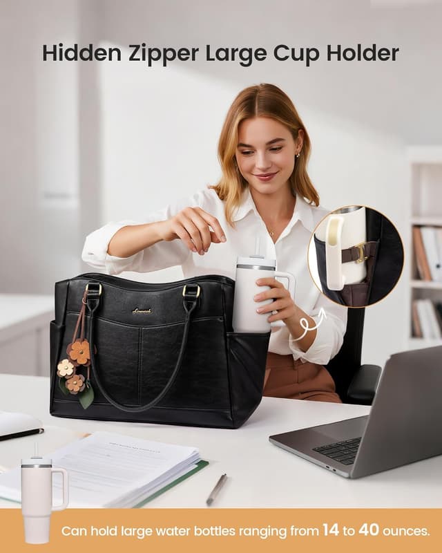 Thumbnail 3 de LOVEVOOK Vintage Leather Laptop Bag for Women with Large Cup Holder