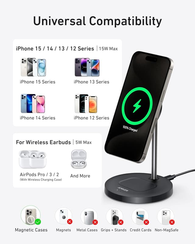 Detalle 2 de Anker MagGo 2-in-1 Wireless Charging Station (MagSafe compatible) with Qi2 15W stand