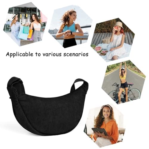 Thumbnail 7 de Aucuu Bolso bandolera para mujer media luna impermeable en pana (negro) con correa ajustable