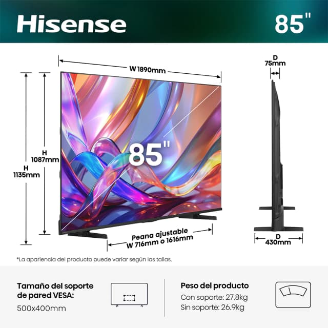 Detalle 2 de Hisense 85E7S 85" Hisense HI-QLED 4K