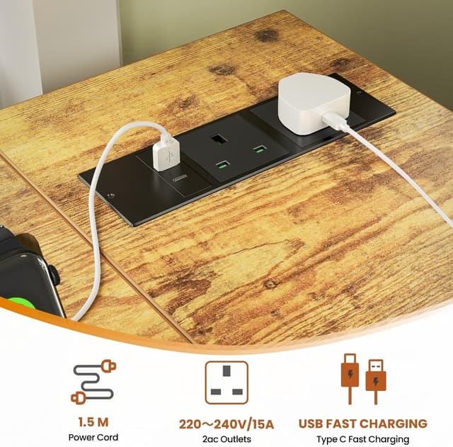 Detalle de DOMSHOCT 120 x 70cm Corner L-shaped computer desk with power outlets and reversible storage shelves (Rustic Brown)