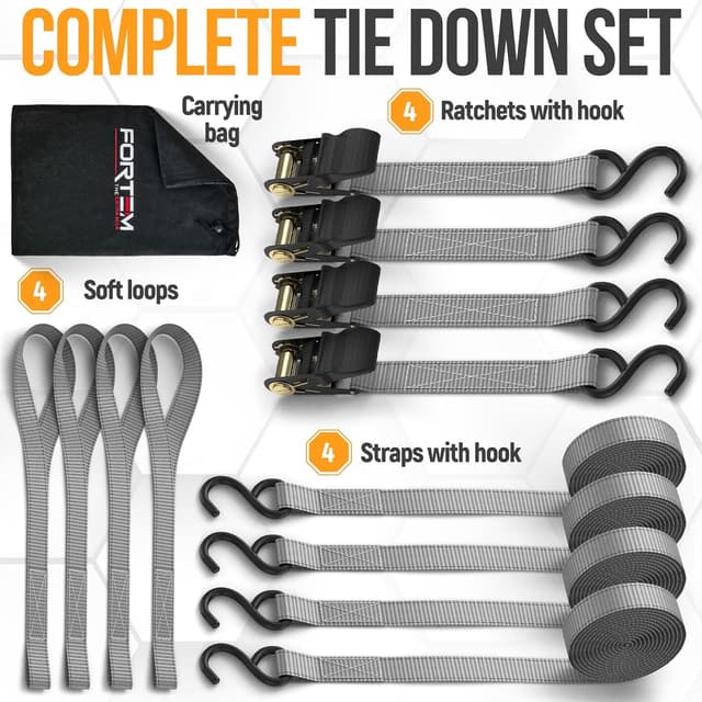 Detalle de FORTEM Ratchet Straps Tie Down Set (4 Pack) with Soft Loops and Carry Bag