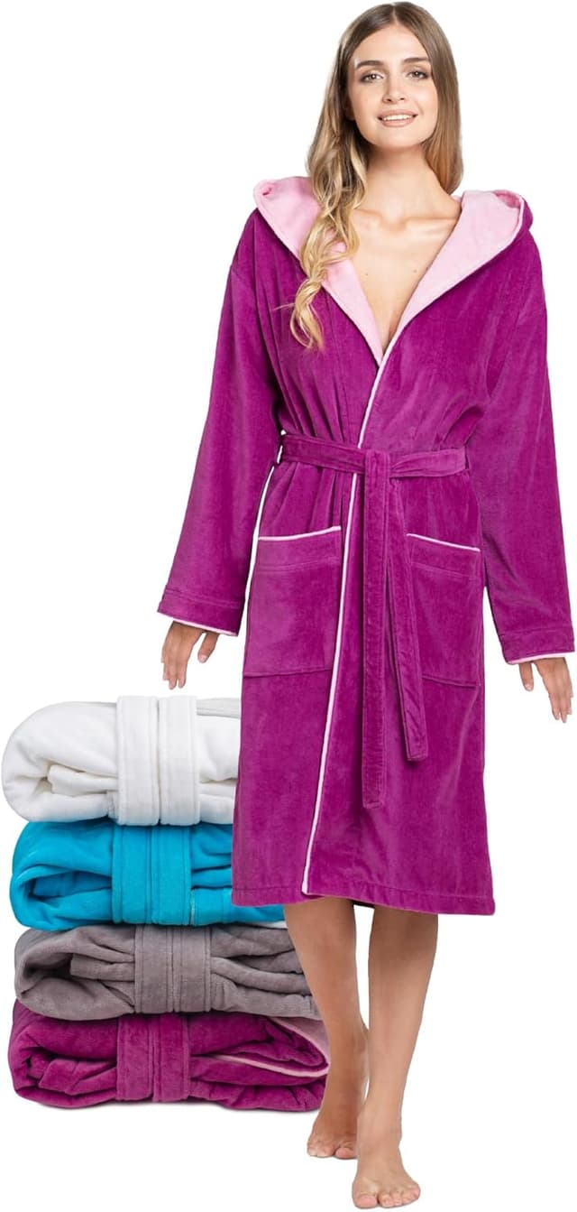 Detalle de Twinzen Damen-Bademantel aus 100% Baumwolle (Frottee-Velours) mit Kapuze, OEKO-TEX zertifiziert