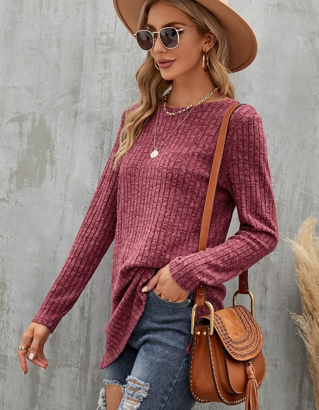 Detalle de Odosalii Damen Pullover mit Rundhalsausschnitt und Langarm – gestreifter Strickpullover mit Seitenschlitz