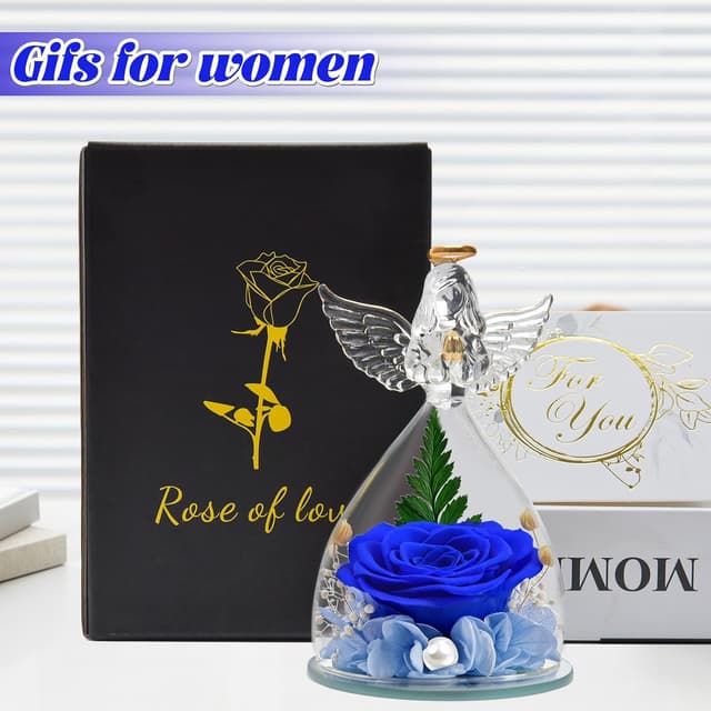 Detalle de YiHuaHua Rose Eternelle Cadeau Femme : rose stabilisée avec figurine d’ange sous cloche en verre