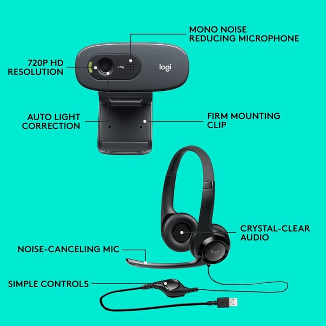 Detalle de Logitech C270 HD Webcam and Logitech H390 USB Headset bundle (Black)