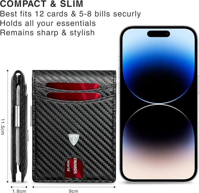 Detalle 2 de Tomylv Men’s Slim RFID Blocking Carbon Fibre Wallet with 12 Card Slots, Money Clip & ID Window (Black)