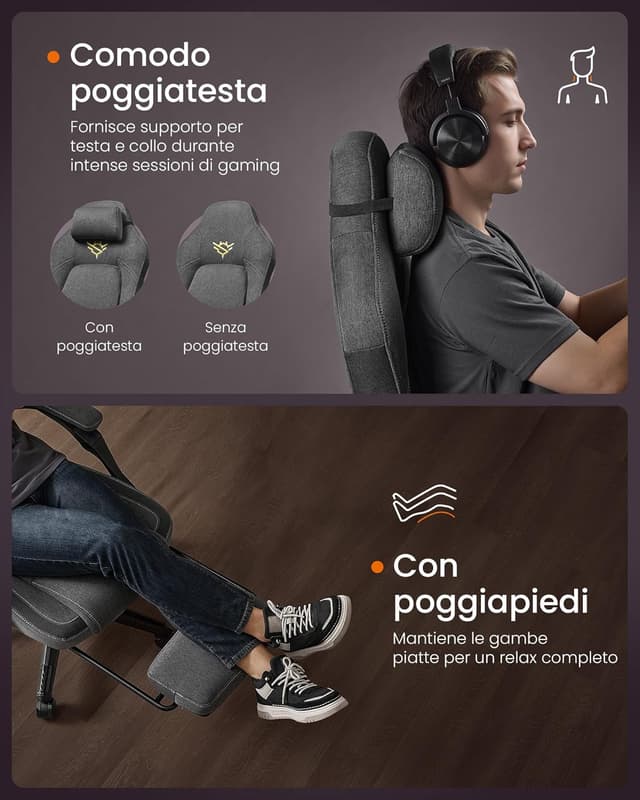 Detalle de SONGMICS HOME Sedia da gaming ergonomica OBG072G01 grigio tortora con poggiapiedi e poggiatesta