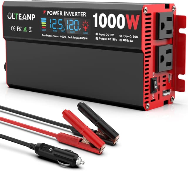 Detalle de OLTEANP 1000 Watt 12V DC to 110V/120V AC Car Power Inverter with LCD, 2 AC Outlets, USB-C (36W) and USB-A (5V/3A)