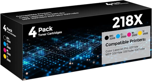 Detalle de 218X Toner Cartridges 4-Pack (Black, Cyan, Yellow, Magenta) Compatible for HP 218A/218X for Color LaserJet Pro 3201dw & 3301 Series