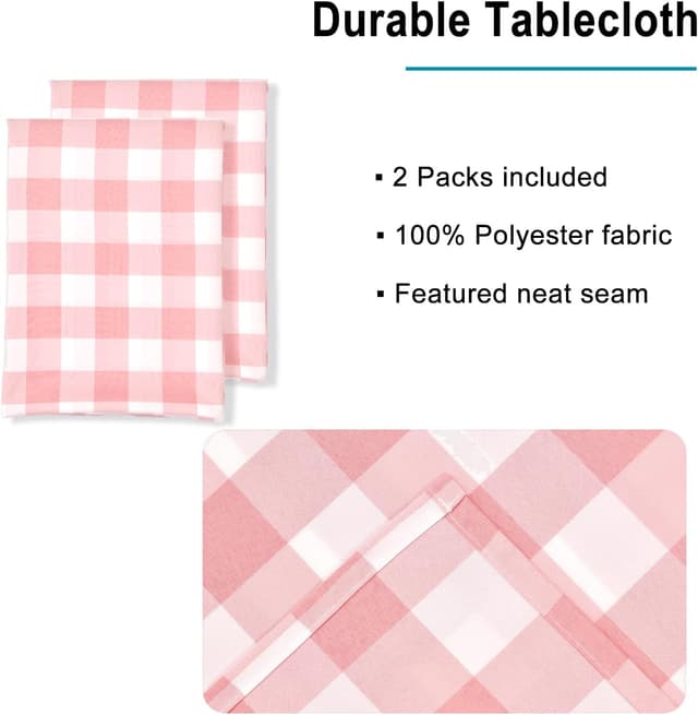 Detalle de Hiasan Waterproof Plaid Tablecloth (2-Pack) 54 x 108 in, Peach Pink & White