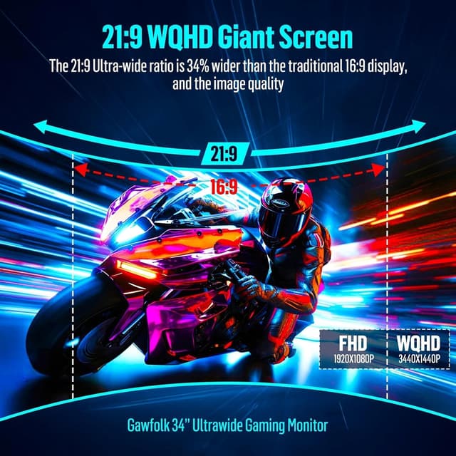 Detalle de Gawfolk Gaming Curved Monitor 34 Zoll (UWQHD 3440×1440, 165 Hz, 1500R, VA) mit DisplayPort/HDMI und VESA 75×75