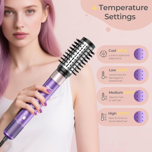 Detalle de Vincofy 7-in-1 Hair Dryer Brush and Hair Styler Set (Purple) — Fast Drying, Curling, Straightening & Volumizing