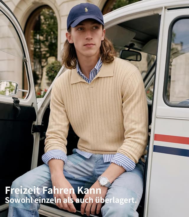 Detalle de GLESTORE Herren-Poloshirt Langarm mit Giraffen-Stickerei (Longsleeve)