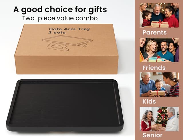 Detalle de Danfoxer 2-Pack Couch Arm Tray (Bamboo, Clip-On) for Drinks, Snacks, Phone & Remote