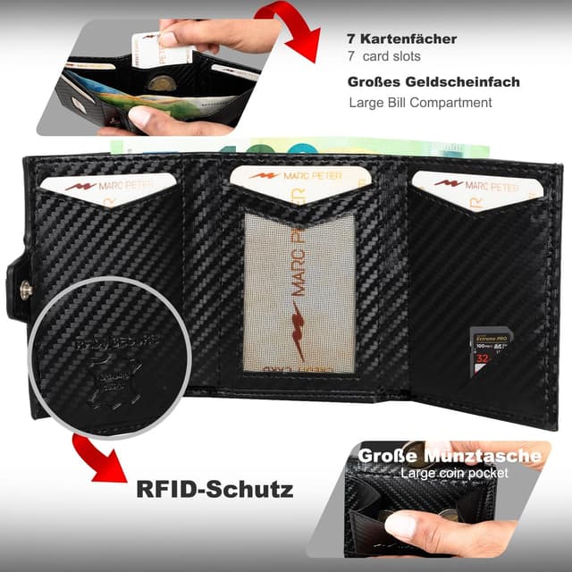 Detalle de Marc Peter Jupiter Airtag Echtleder Geldbörse mit XL-Münzfach – kleines Portemonnaie für Herren (bis 11 Karten, RFID) | AirTag-kompatibel