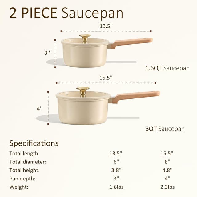 Detalle de CAROTE 1.6Qt & 3.0Qt Sauce Pan Sets with Lid Ceramic Nonstick (PFOA Free)