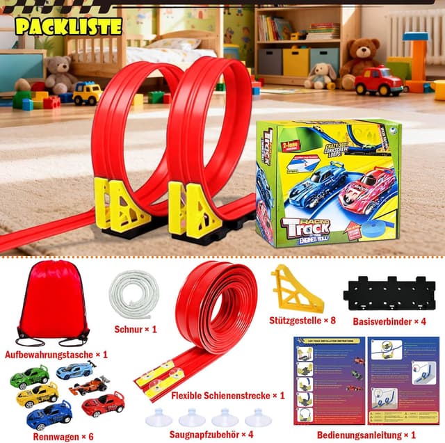 Detalle 2 de Rennbahn Kinder 5M – flexible Autorennbahn mit 6 Autos, Doppelspur und Aufbewahrungstasche (ab 3+)