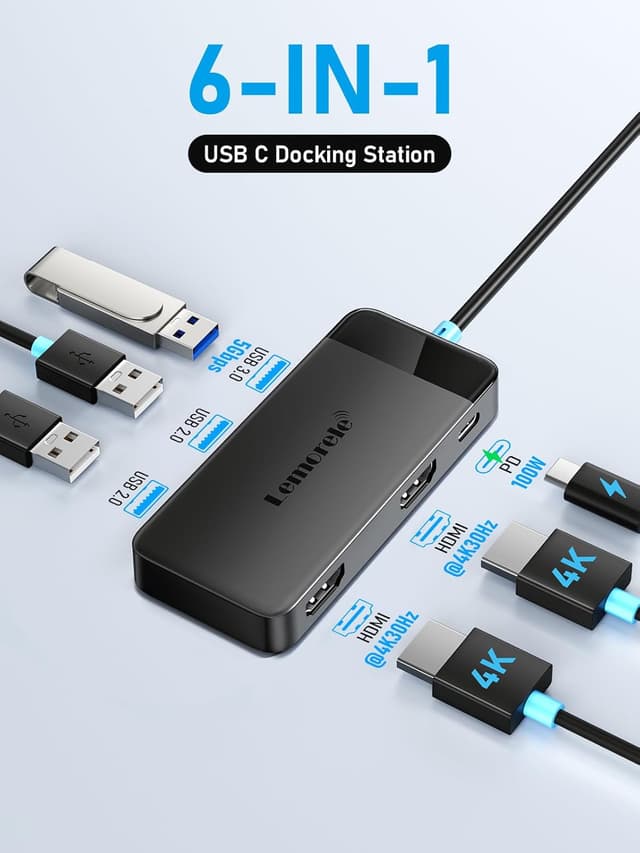 Detalle 2 de Lemorele Hub USB-C 6 in 1 con doppio HDMI 4K@30Hz, USB 3.0 e PD 100W per docking dual monitor