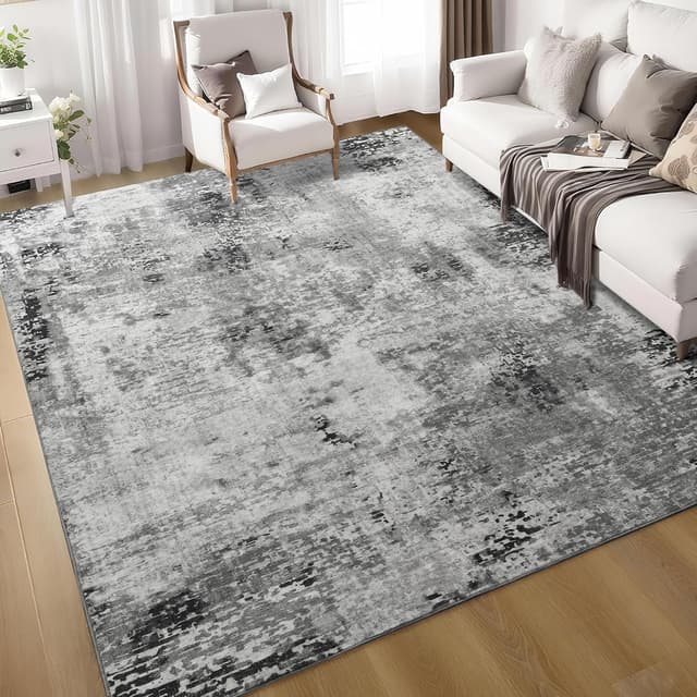 Detalle de Ompaa Living Room Rug 7x10 Gray — Machine-Washable Abstract Faux Wool Area Rug
