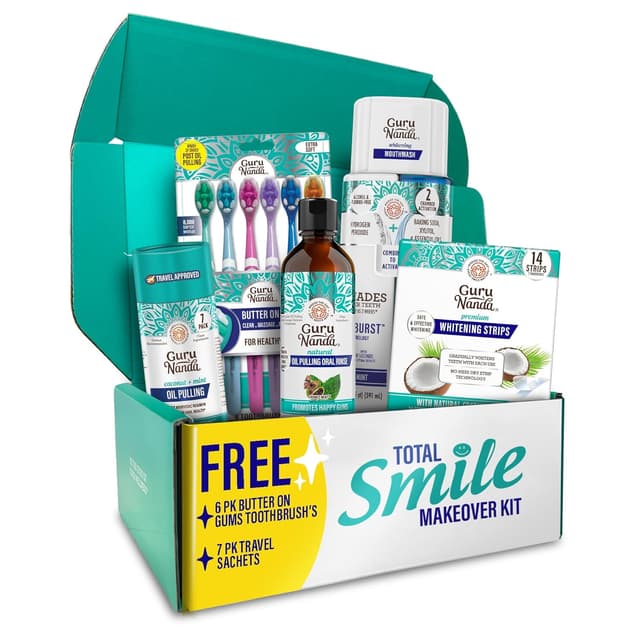 Detalle de GuruNanda Total Smile Makeover Kit Regular with Cocomint Oil Pulling, Dual Barrel Whitening Mouthwash, Whitening Strips & Toothbrushes