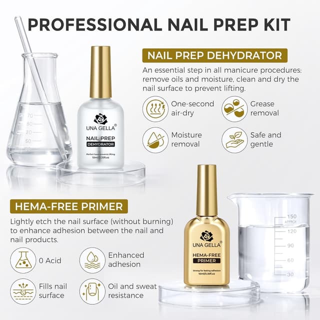 Detalle de UNA GELLA Nail Primer & Nail Prep Dehydrator Set (10 ml) für Press-on, Acryl und Gel-Lack – Haftvermittler mit Anti-Lifting-Effekt