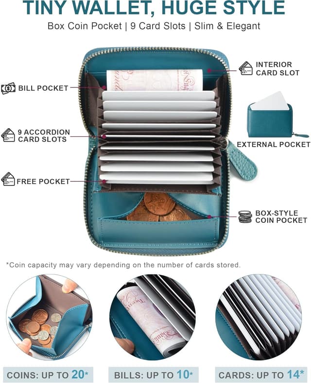 Detalle 2 de Jexmigo RFID Blocking Genuine Leather Wallet for Women with 12 Card Slots and YKK Zip Coin Purse