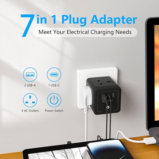 Detalle de AICODE 4-Way Multi Plug Adapter with 3 USB (USB-C + 2×USB-A) and Switch, 13A 3250W UK 3-Pin Cube Socket, Black