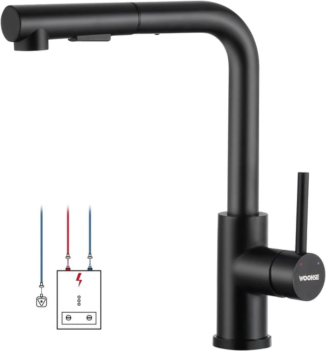 Detalle de WOOHSE Niederdruck Küchenarmatur schwarz mit ausziehbarer Brause – 360° drehbar und 2-Strahl-System