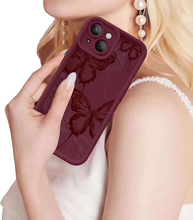 Thumbnail 6 de FUXICASE iPhone 14 Case with Creative Butterfly Design (Burgundy Red Butterfly) — Soft Silicone & TPU Protection