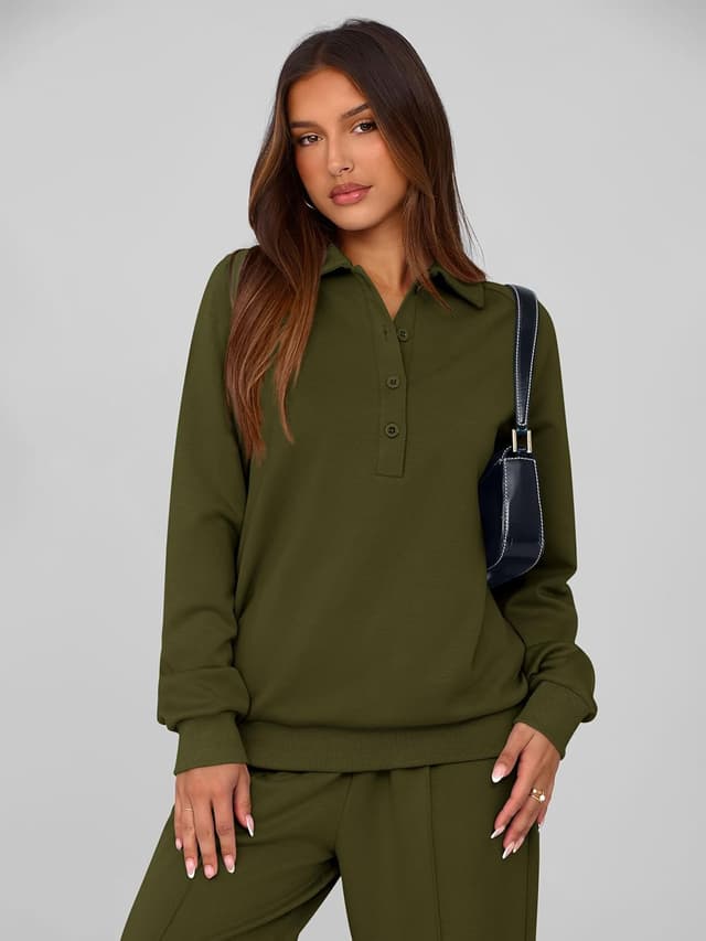 Detalle de PRETTYGARDEN Women’s Fall 2-Piece Quarter-Button Sweatshirt & Wide-Leg Pants Lounge Set