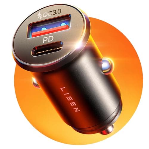 Detalle de LISEN cargador de coche para mechero 12/24V con USB-C 36W (PD 3.0) y USB-A QC 3.0, cuerpo metálico y carga rápida
