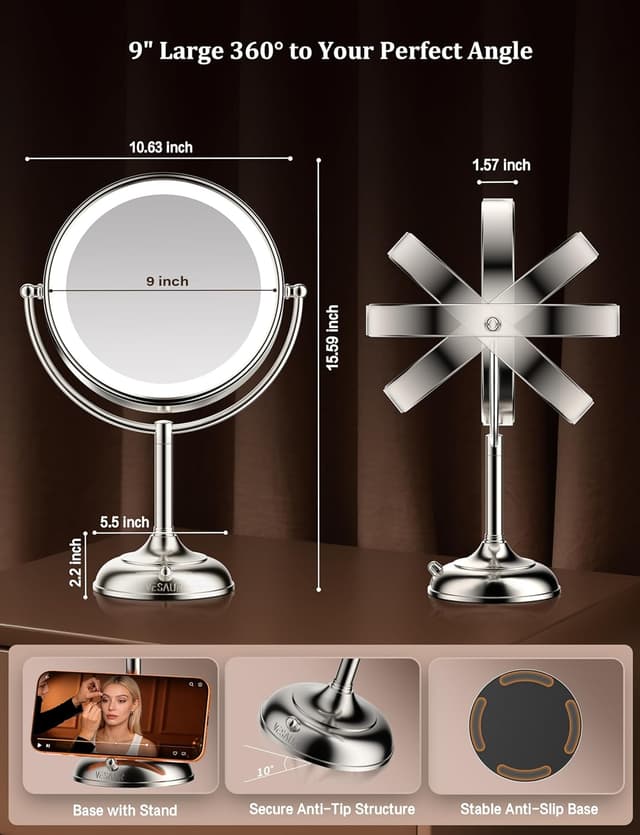 Detalle 2 de VESAUR 2026 Upgraded Lighted Makeup Mirror (9") with 1X/10X/20X Magnification, 3 Light Modes