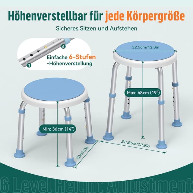 Detalle 2 de Luckfaith LC01 360° drehbarer, höhenverstellbarer Duschstuhl aus Aluminium (rutschfester Duschhocker)