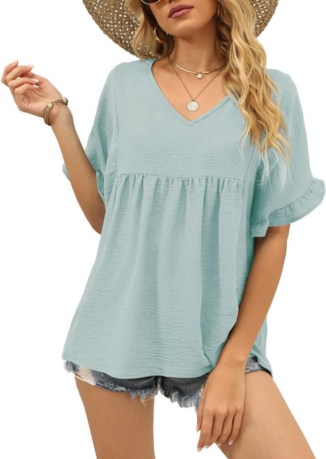 Thumbnail 6 de WIHOLL Women’s Casual V-Neck Ruffle Sleeve Babydoll Peplum Top (100% Polyester)